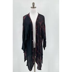 Tienda Ho Black Burgundy Paisley Satin Long Open Duster Cardigan Top One Size